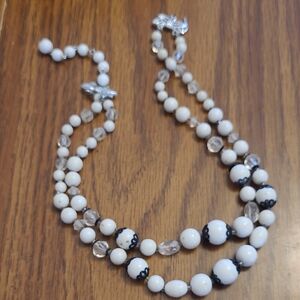 Vintage White Beaded Two-Strand Necklace with Clear Accents